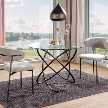 Table ronde design verre transparent 6 pers pied métal noir AURELIAZ1