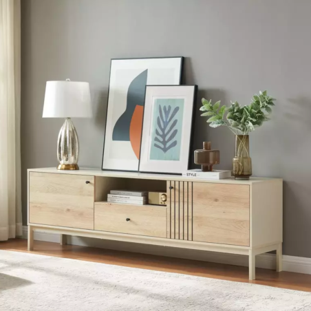 Meuble TV 180 cm bois chêne alpin et métal blanc cassé – FARGOLE - Meubles TV - So Inside
