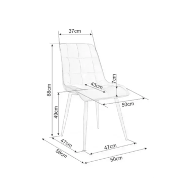 Schéma technique et dimensions de la chaise en velours HARRIET