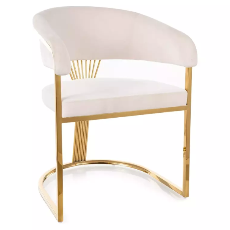 Chaise velours beige et piétement acier doré assise ronde confortable REINY
