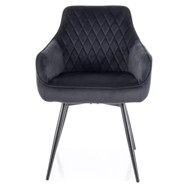 Vue de face du fauteuil de table Lotinda en velours noir matelassé