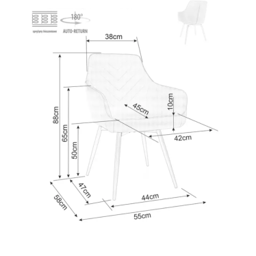 Schéma technique avec dimensions précises et la structure de la chaise pivotante LOTINDA