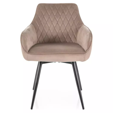 Vue de face de la chaise LOTINDA en velours beige montrant l'assise profonde et le dossier capitonné