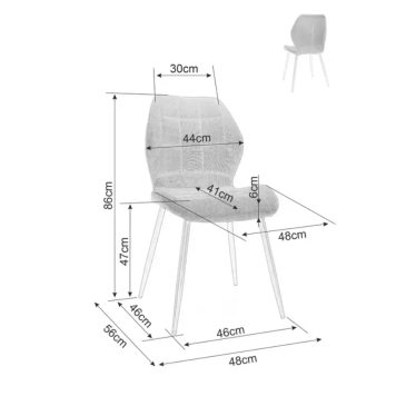 Plan technique détaillé indiquant les mesures de la chaise en velours MYRENDA
