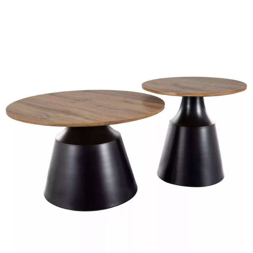 Lot De 2 Tables Basses Rondes Design Industriel - Plateau Bois Chêne, Structure Métal Noir - Tables Gigognes Salon