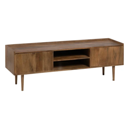 Meuble TV en bois de manguier avec portes rainurées et niches centrales NUANCE - Meubles TV - So Inside