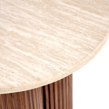 Détail plateau rond aspect travertin beige table d'appoint ZACK