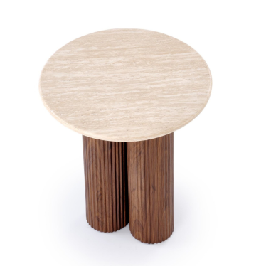 Petite table de salon ronde 50 cm aspect noyer et travertin ZACK