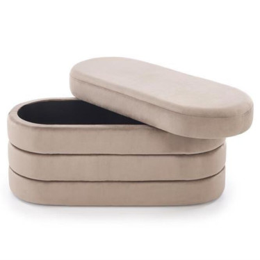 Banc coffre velours beige Bench ouvert montrant l'espace de stockage