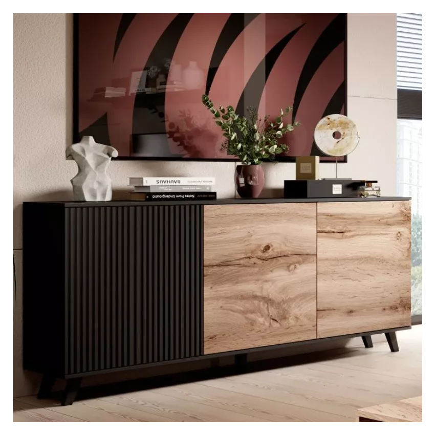 Buffet SUDBURRY – Chêne Artisan Avec Accents Noirs – 160 X 83 X 40 Cm – 3 Tiroirs + 2 Armoires étagères – Design Moderne, Plateau Spacieux, Pieds Hauts