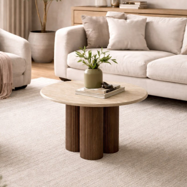 Table basse ronde 80 cm travertin et bois Zack