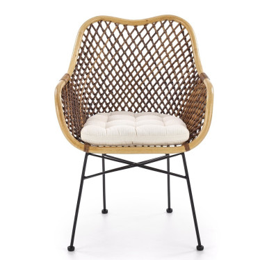 Fauteuil en rotin tressé avec coussin d'assise blanc et pieds métalliques