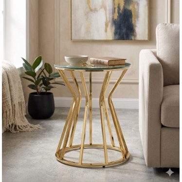 Table basse ronde avec plateau en verre "miroir" et structure dorée