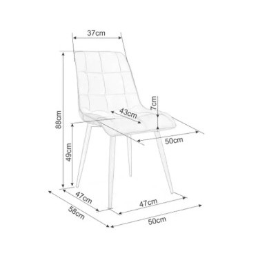 Dessin technique montrant les mesures précises du fauteuil Harriet en velours