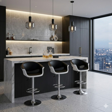 Tabouret de bar Doug design bicolore noir et blanc avec pied chromé