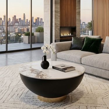 Salon moderne avec table basse Clem, canapé gris et vue sur la ville