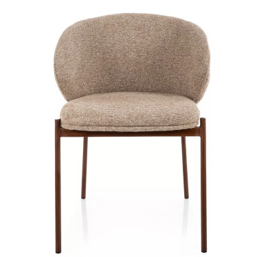 Chaise Elora design, vue de face, assise en tissu chiné beige et structure épurée en métal couleur noyer