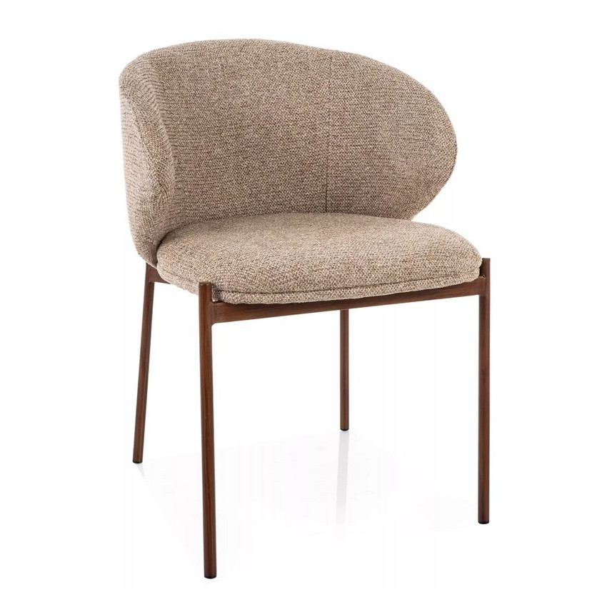 Chaise Elora en tissu beige montrant ses courbes enveloppantes et pieds noyer