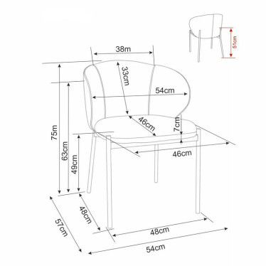 Plan coté de la chaise Elora indiquant les dimensions précises pour l'aménagement intérieur