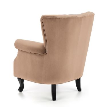 Fauteuil en velours beige avec accoudoirs cloutés et pieds bois massif MEDICIS
