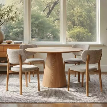 Ensemble table ronde et chaises scandinaves beiges en situation d'ambiance