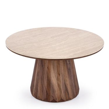 Vue de face de la table basse ronde 80 cm Gilo effet travertin