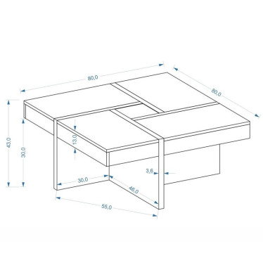 Schéma avec dimensions de la table  basse carrée Flax