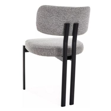 Vue de dos de la chaise de salle à manger Japandi montrant la structure des pieds doubles en métal noir