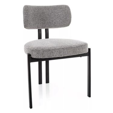 Vue de trois-quarts avant de la chaise design en tissu gris chiné et métal noir