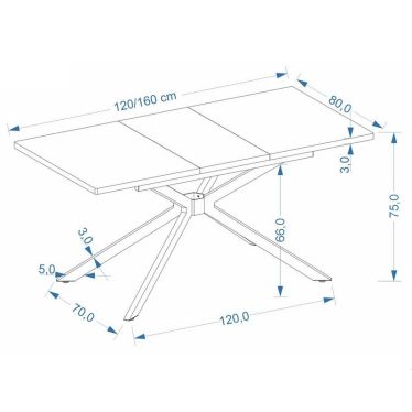 Schéma technique indiquant les dimensions de la table à manger extensible chêne doré et métal noir