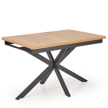 Vue de trois-quarts de la table extensible chêne doré sur fond blanc