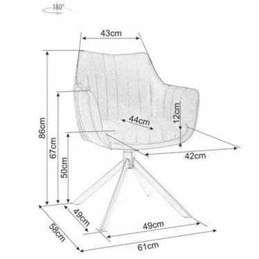 Schéma technique indiquant les dimensions et la rotation à 180° de la chaise