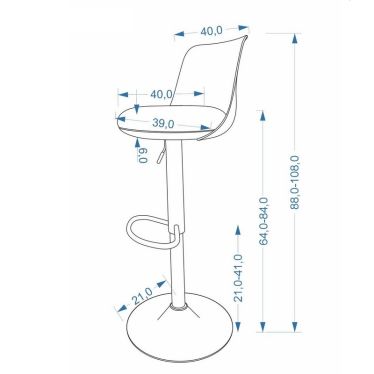 Schéma technique indiquant les dimensions précises du tabouret de bar Aviro