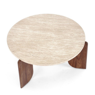 Table basse ronde travertin et bois 80cm vue de haut