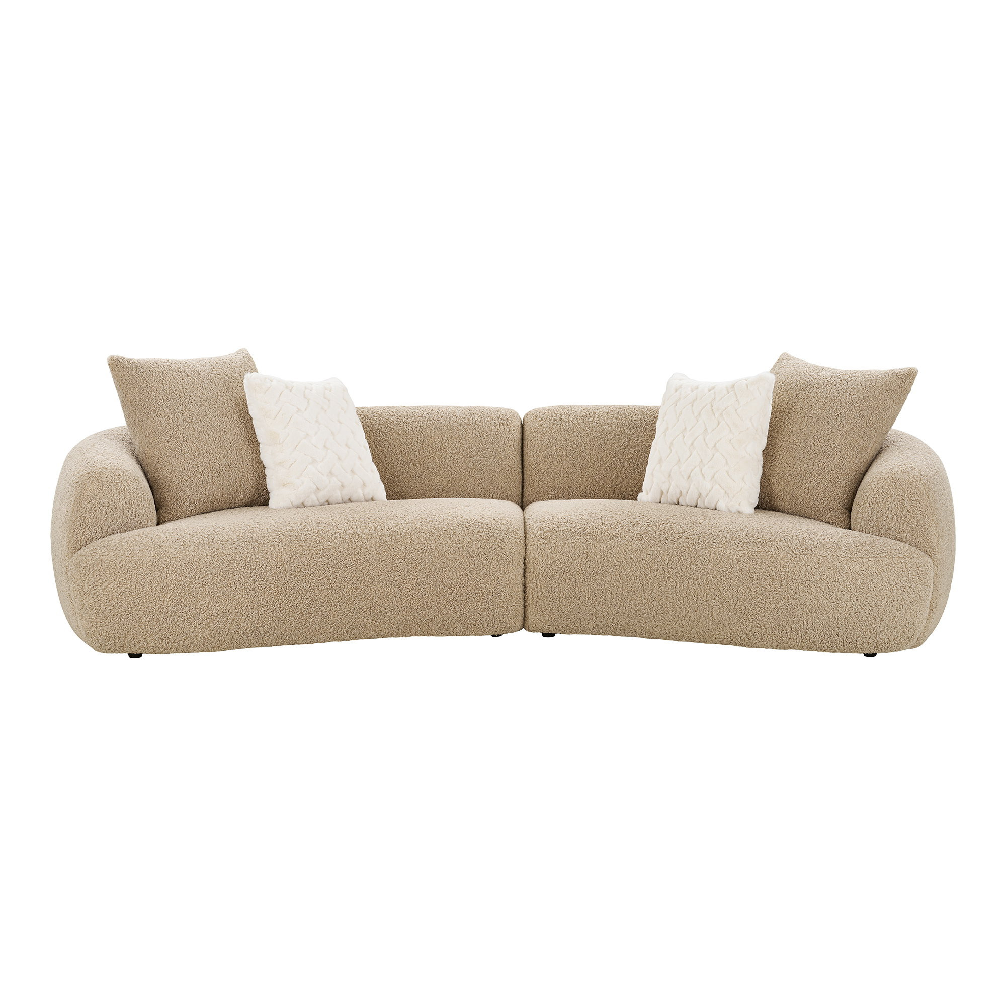 Canapé arrondi 4 places tissu beige Halden avec coussins, vue de face