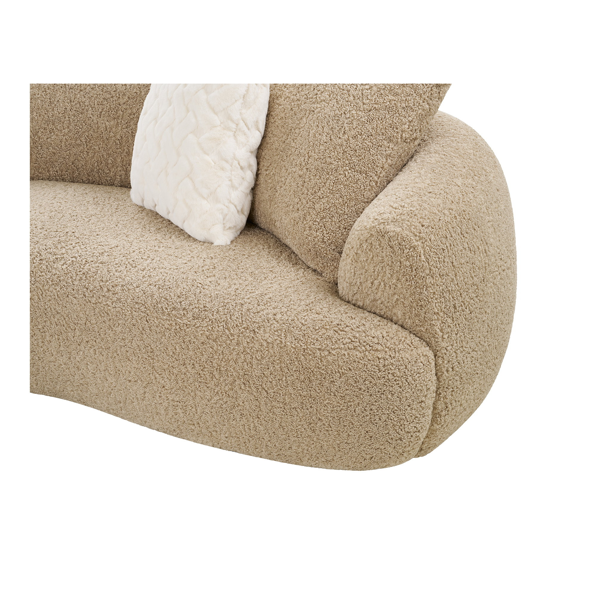 Canapé Halden tissu beige, vue de profil sur l'accoudoir arrondi