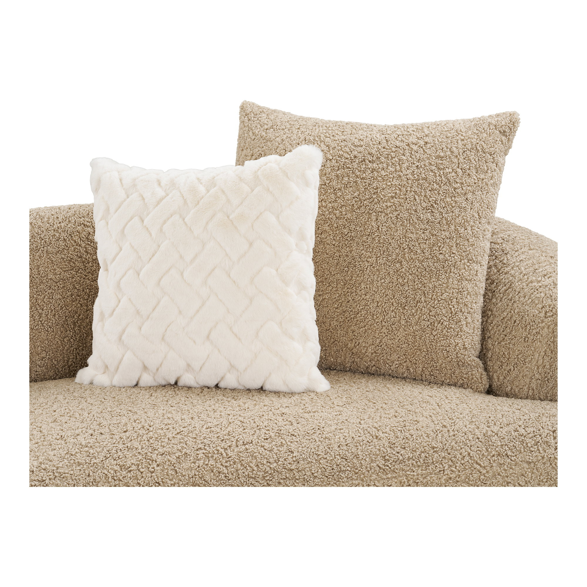 Coussins beige et écru sur canapé arrondi tissu Halden, vue arrière