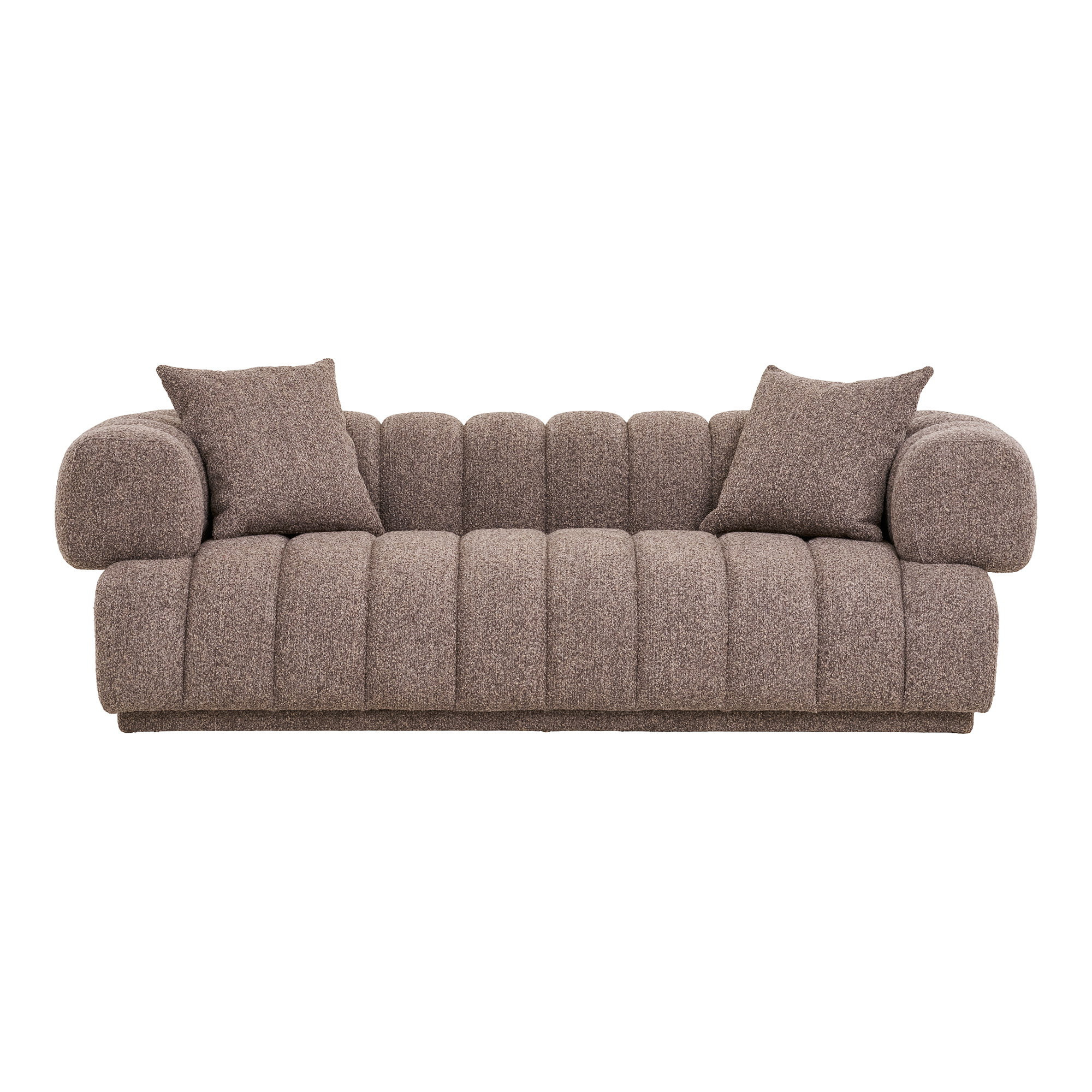 Canapé droit 3 places Farah en tissu bouclé marron avec coussins