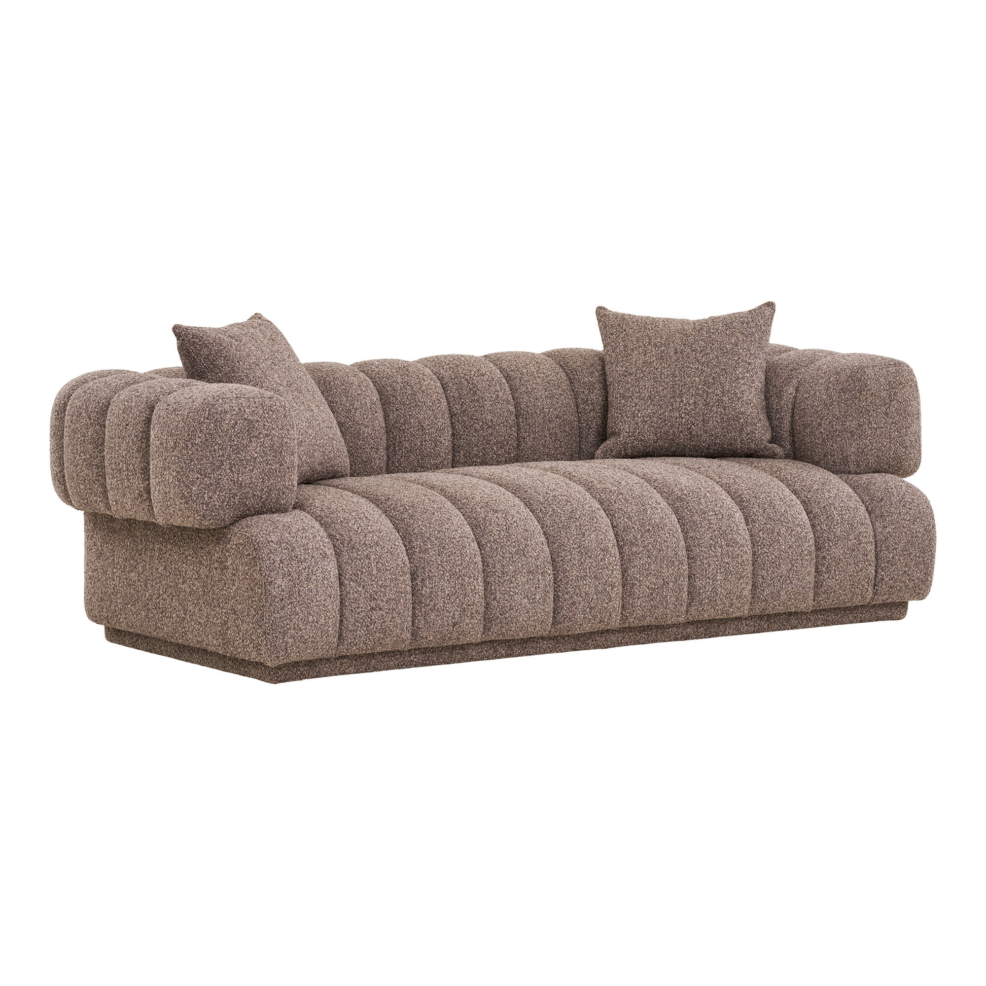 Vue en trois quarts du canapé moderne Farah en tissu bouclé marron