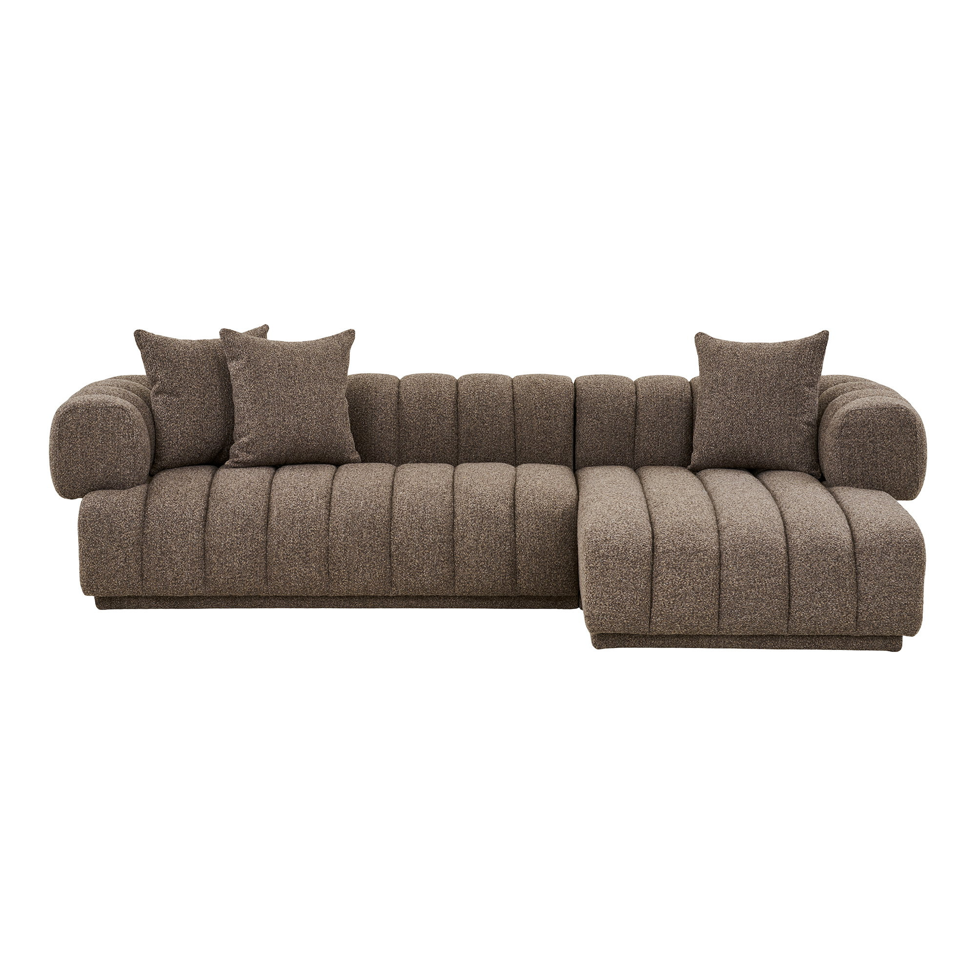 Canapé d'angle droit Farah en tissu bouclé marron avec méridienne à droite