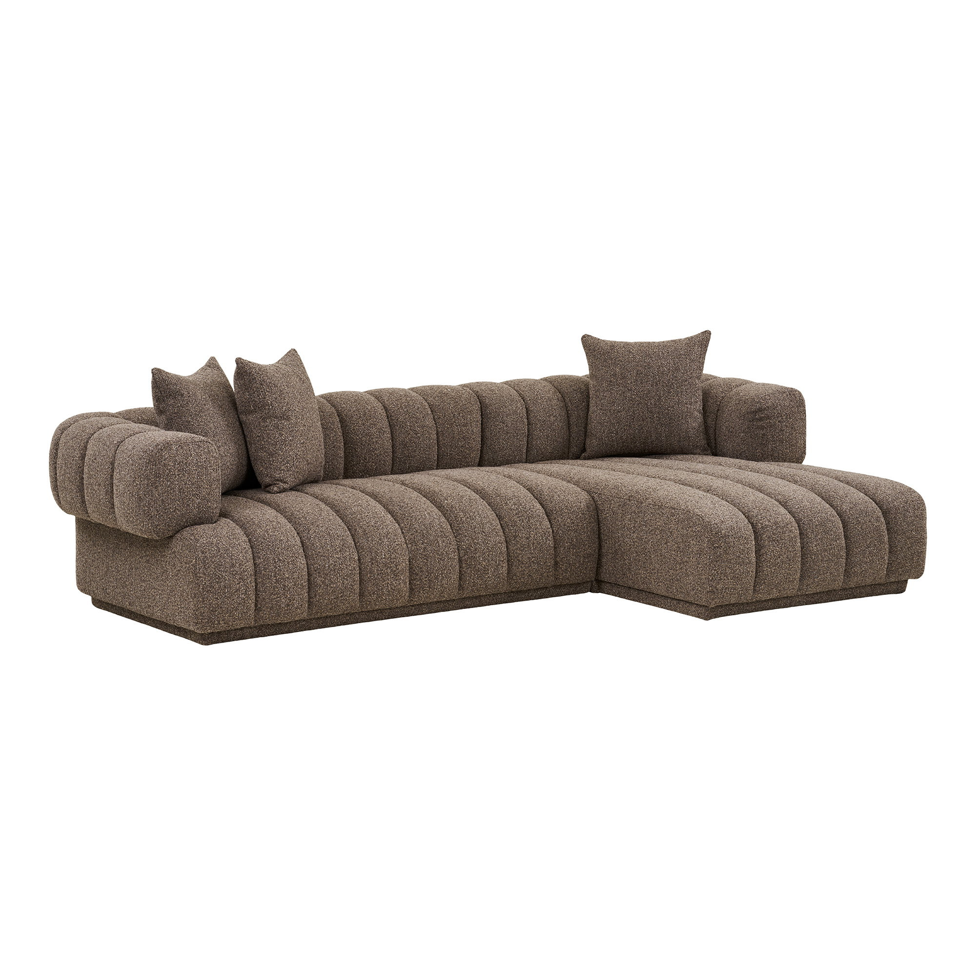Vue de côté du canapé d'angle droit Farah en tissu texturé marron
