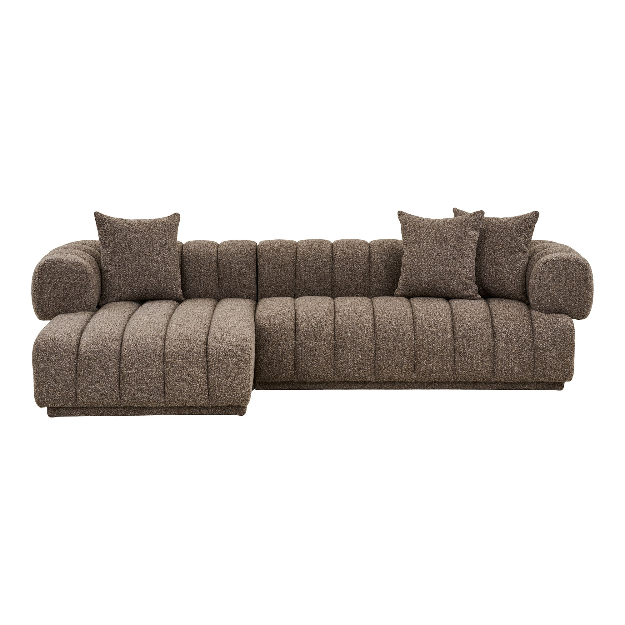 Canapé d'angle gauche en tissu marron avec méridienne et coussins moelleux
