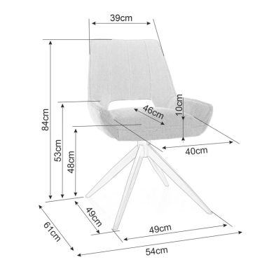 Schéma technique indiquant les dimensions de la chaise pivotante - vue de face