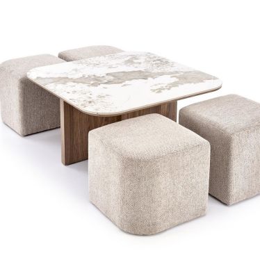 Ensemble table Selly et 4 poufs tissu beige, gain de place - vue 3/4
