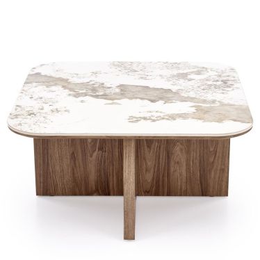 Table basse Selly plateau marbre et piètement bois - vue de face isolée