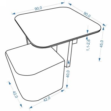 Schéma technique coté de la table basse Selly avec pouf - vue en perspective
