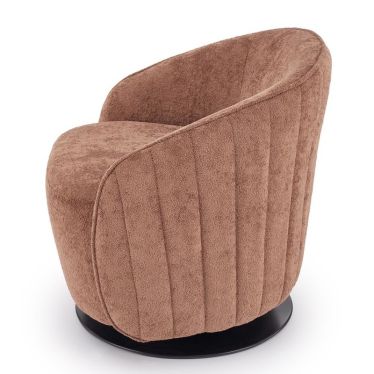 Fauteuil design pivotant Silvia en tissu doux brun - vue 3/4 profil sur socle métal