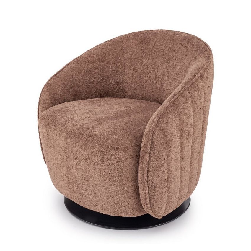 Fauteuil pivotant Silvia en tissu doux brun sur socle rond en métal - vue de trois quarts