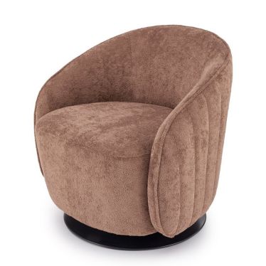 Fauteuil pivotant Silvia en tissu doux brun sur socle rond en métal - vue de trois quarts