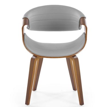 Chaise design Acebo en contreplaqué cintré avec assise enveloppante en éco-cuir gris, vue de face